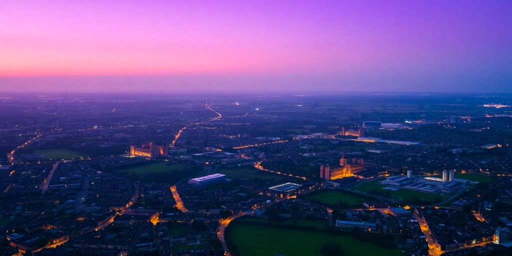 Aerial view of West Yorkshire cityscape at twilight.