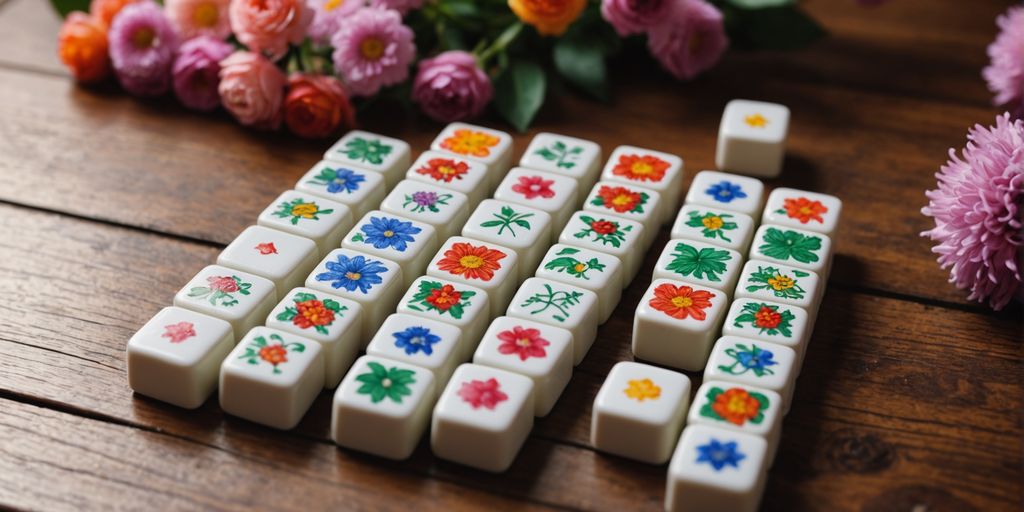 Mahjong tiles featuring flowers and seasons on wooden table
