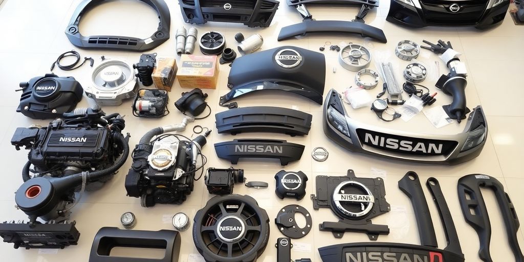 Nissan car parts laid out.