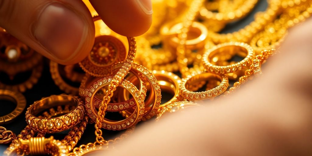 Une main tenant une bague en or scintillant, gros plan.