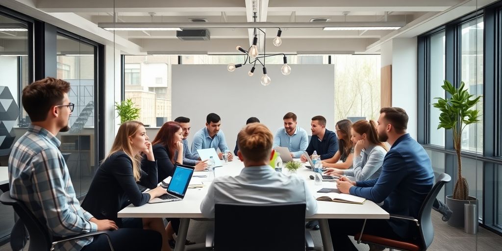 Entrepreneurs créatifs dans un bureau moderne, collaborant sur des idées innovantes.