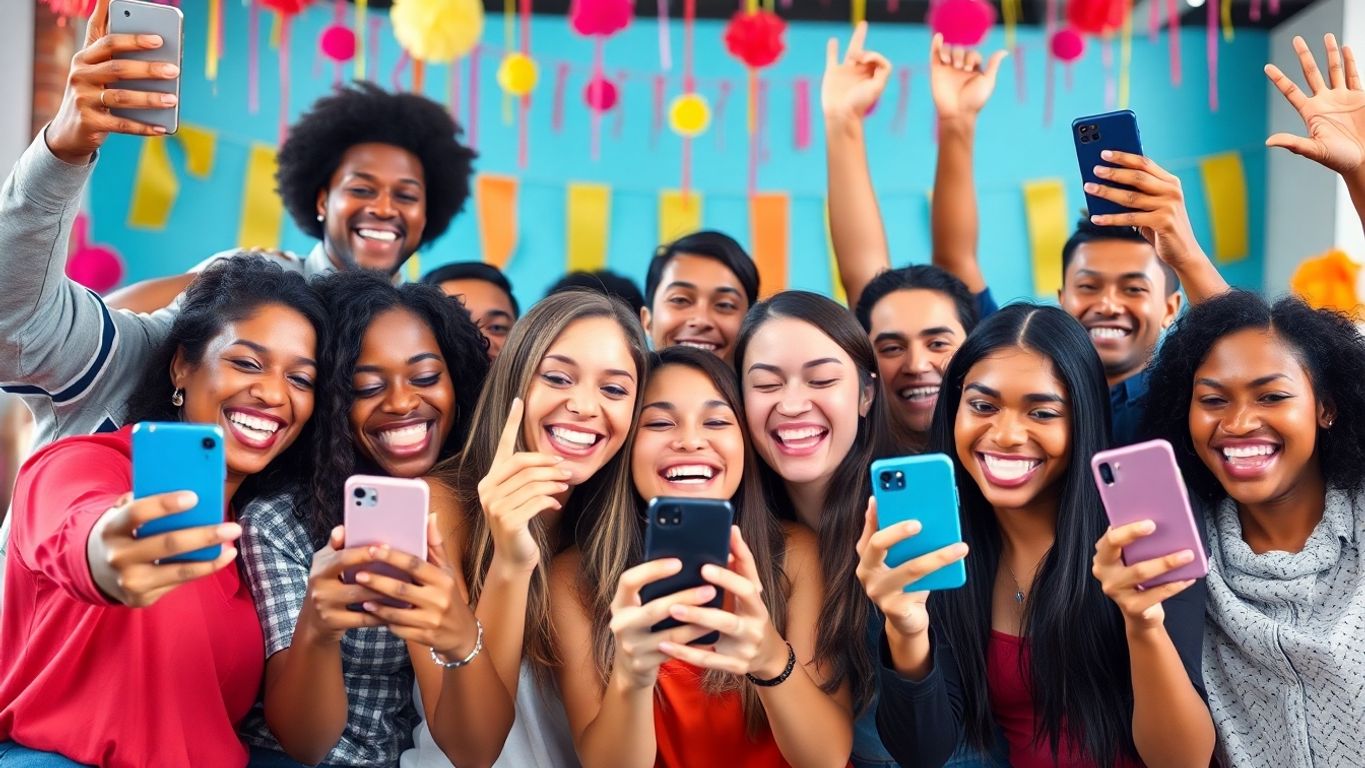 Diverse group enjoying smartphones in a colorful setting.