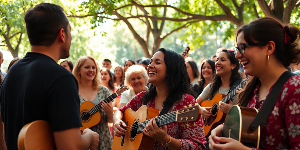 People worshiping together in a sunny outdoor setting.