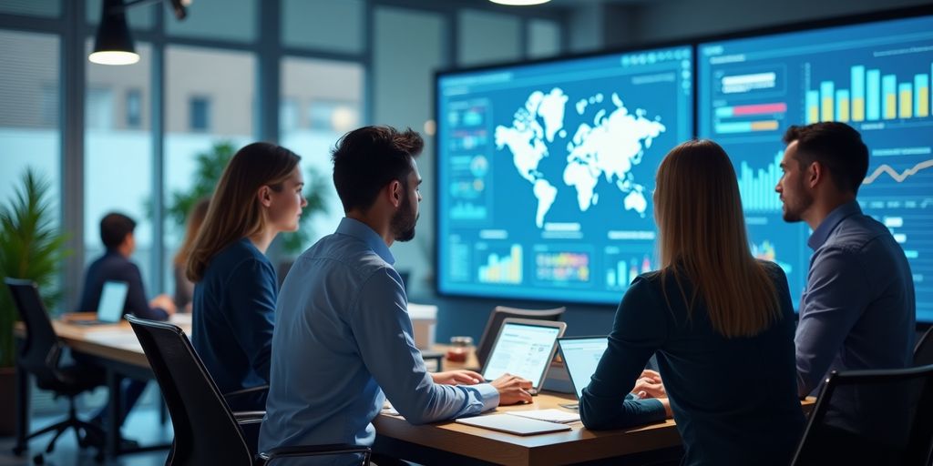 Profissionais de marketing digital em escritório moderno.