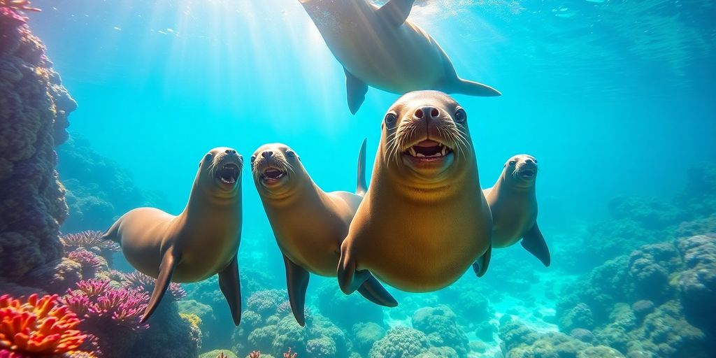 Verspielte Seelöwen schwimmen in klarem blauen Wasser.