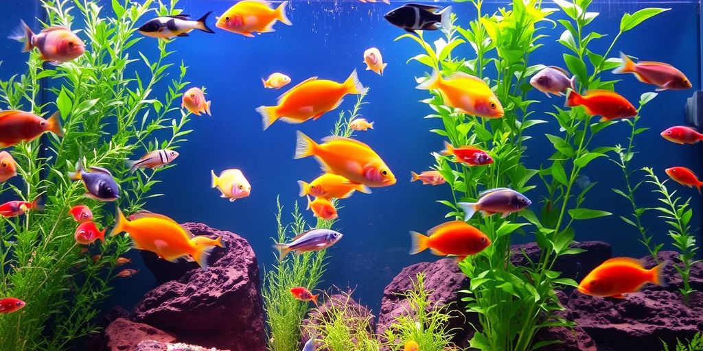 Peces de agua dulce coloridos en un acuario plantado.