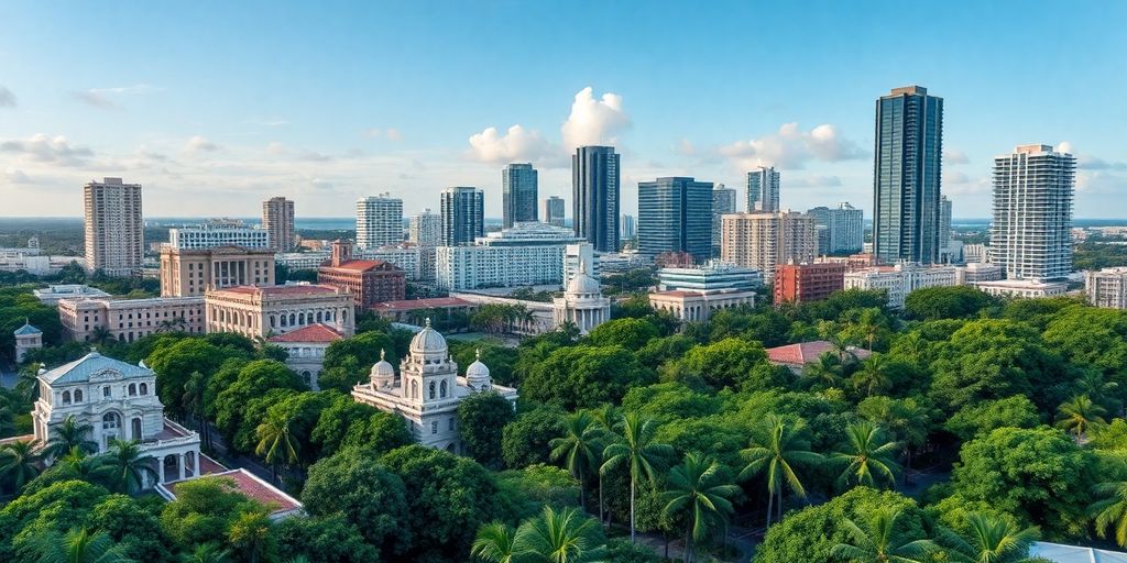Aventura skyline with historic and modern architecture.