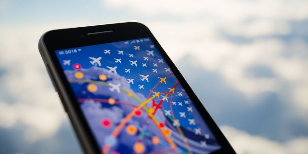 Smartphone displaying flight tracking app with airplane icon.