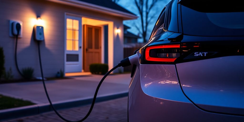 Electric car plugged in, charging at home.