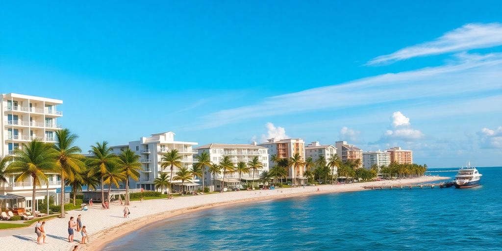 Luxurious condos in Boca Raton with palm trees and beach.