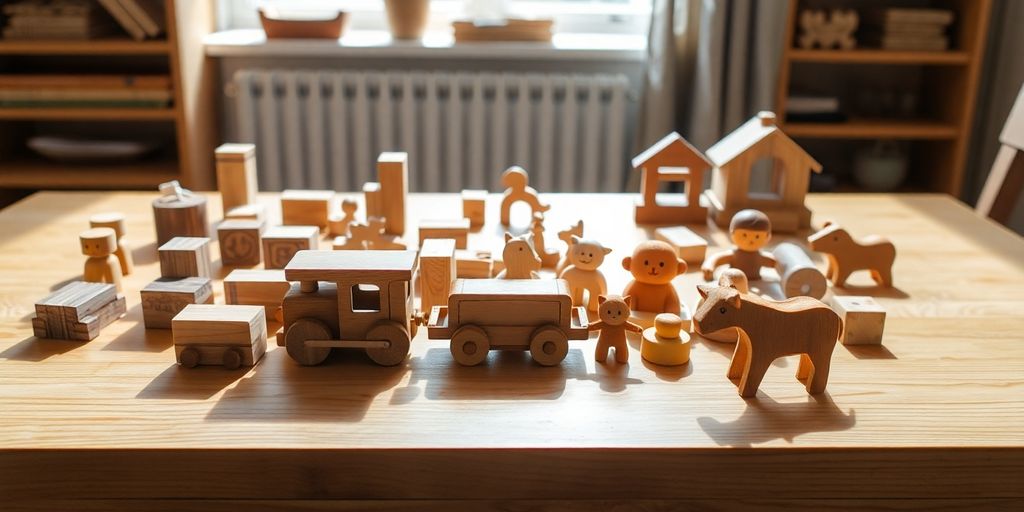 Bunte Holzspielzeuge auf hellem Holztisch