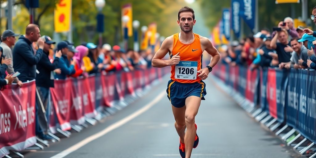 Runner on marathon course with spectators cheering.