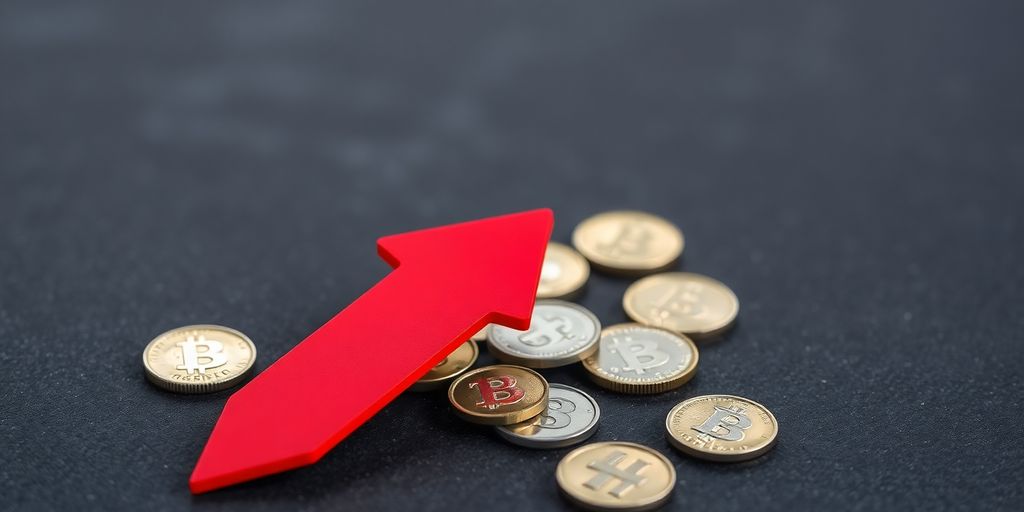 Red downtrend arrow over scattered digital coins.