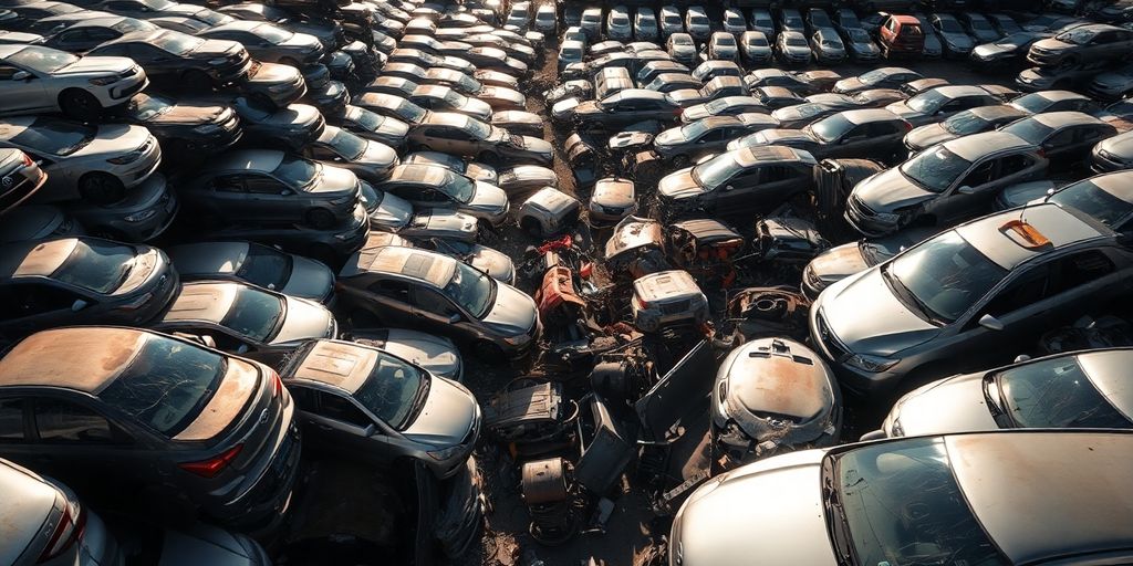 Junked Toyota vehicles stacked in a yard.