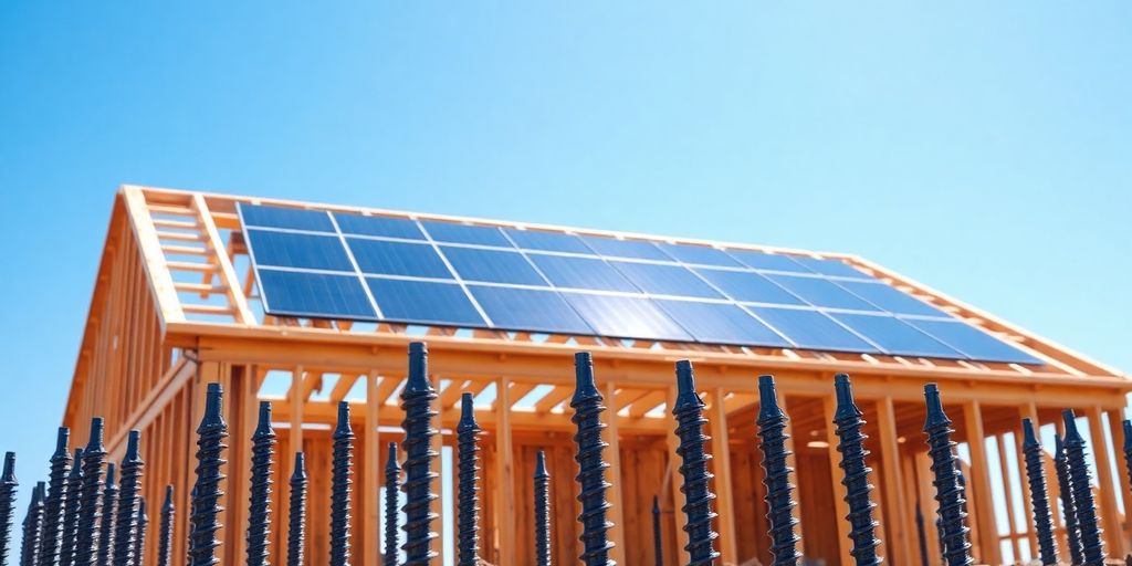 Schroeffundering met houtconstructie en zonnepanelen