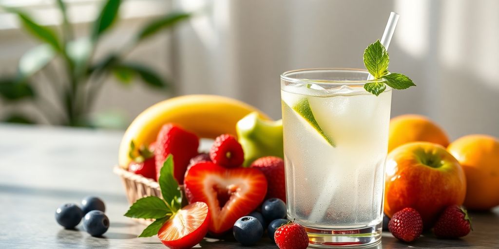 Electrolyte drink and fruits for hydration strategies.