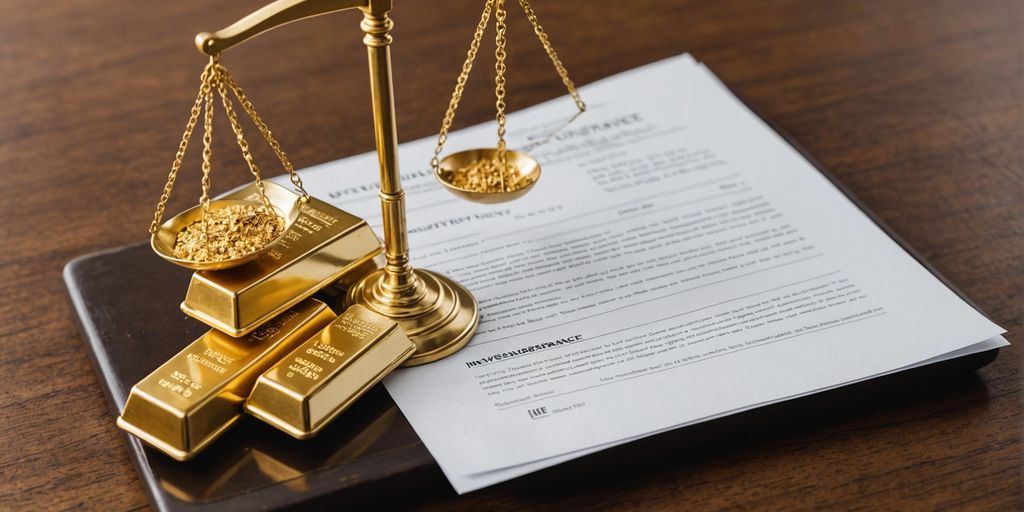 Scale with gold bars and insurance document