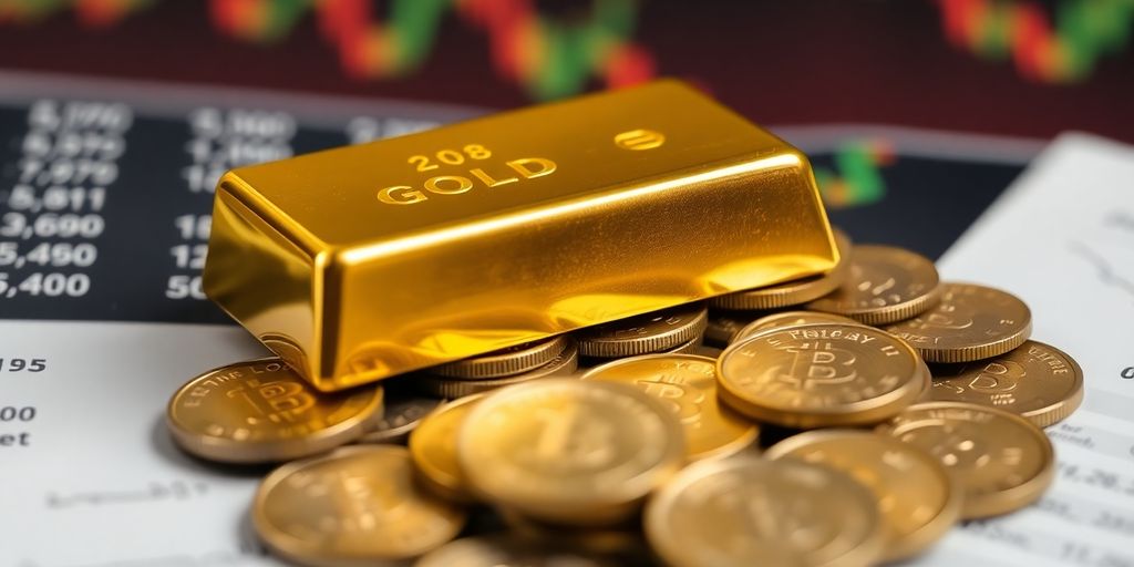 Barre d'or sur des pièces avec fond financier flou.
