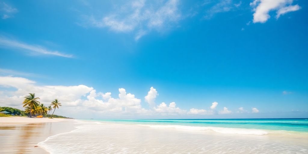 Florida beach with palm trees and sun.