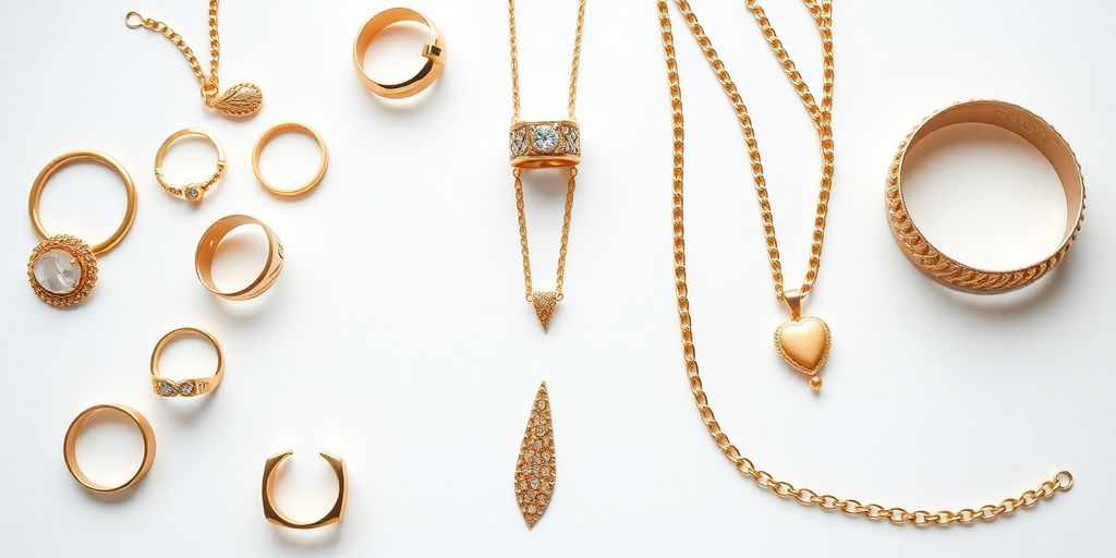 Bijoux en or pour hommes et femmes sur fond neutre.