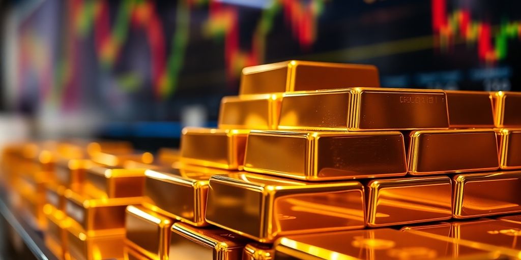 Des lingots d'or brillants empilés avec un arrière-plan flou.
