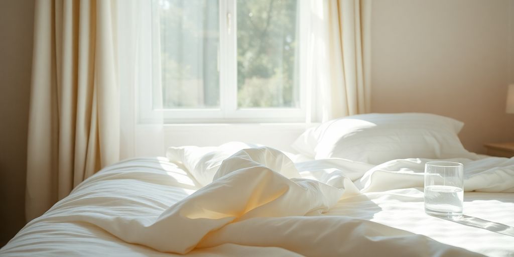 A peaceful bedroom with warm, soft lighting.