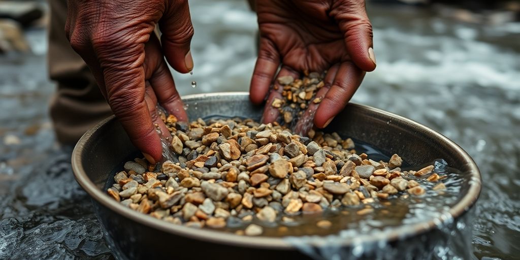 Orpailleurs manipulant des outils traditionnels dans une rivière