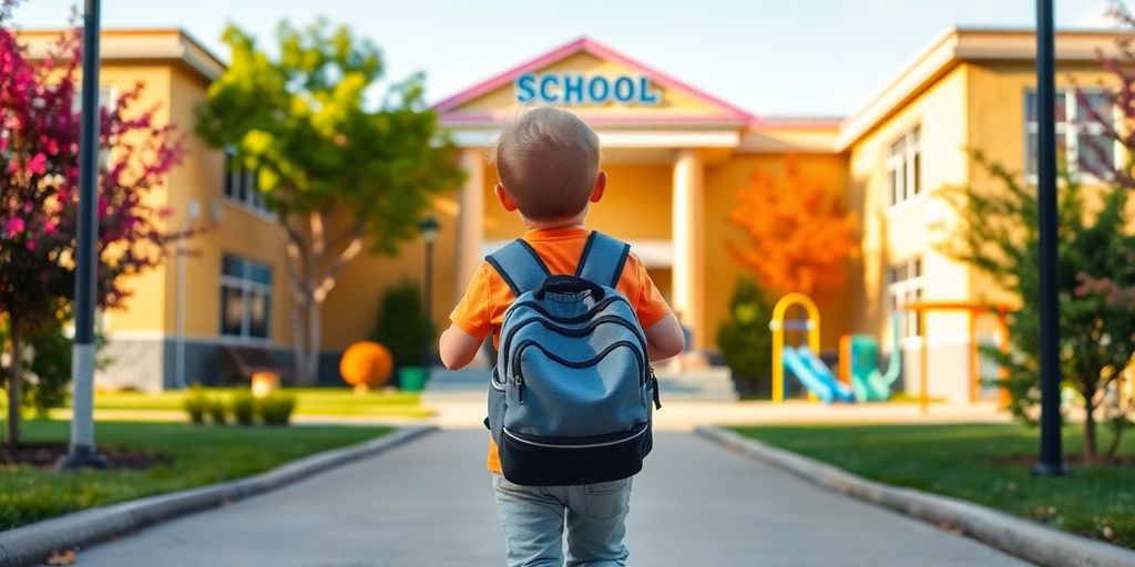 Ein glückliches Kind mit Schulranzen auf dem Weg zur Schule.