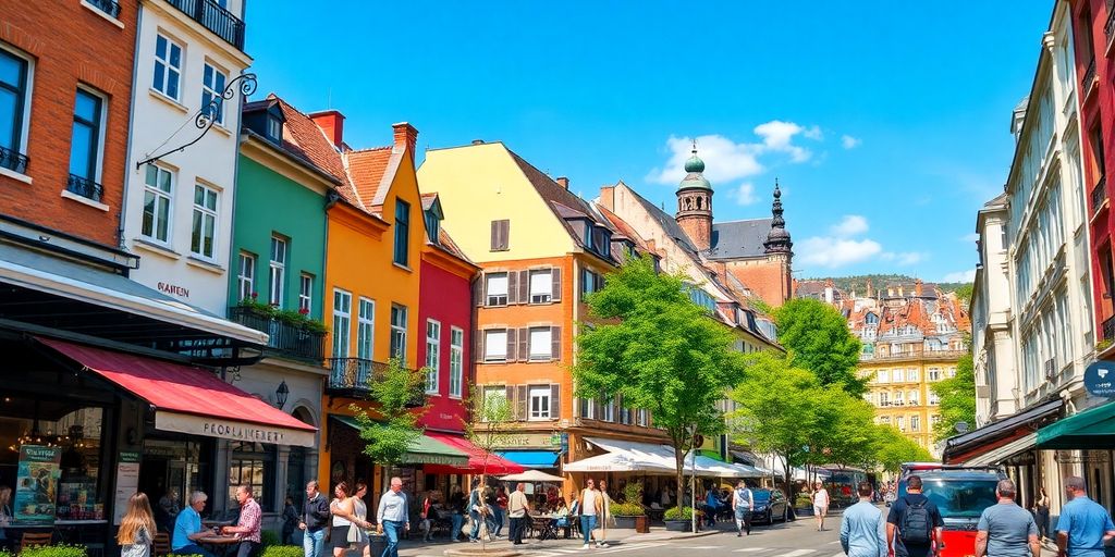 Modern European city with colorful buildings and cafes.
