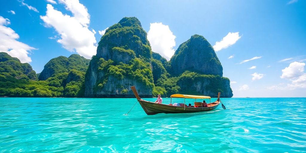 Longtail boat on clear water near limestone cliffs.
