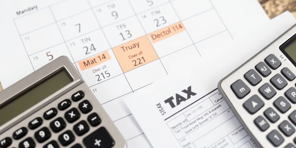 Calendar with tax forms and a calculator.