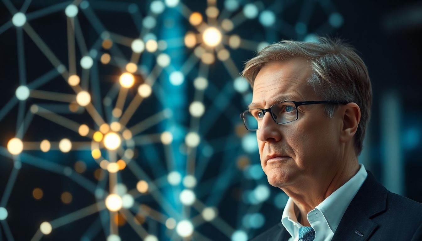 Swedish Prime Minister looking concerned at a glowing abstract AI interface.