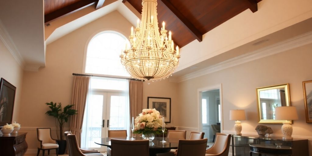 Elegant chandelier in a vaulted ceiling dining room.