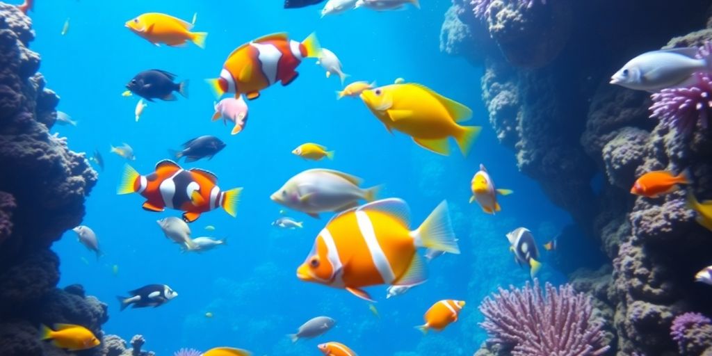 Makukulay na isda na lumalangoy sa isang coral reef.