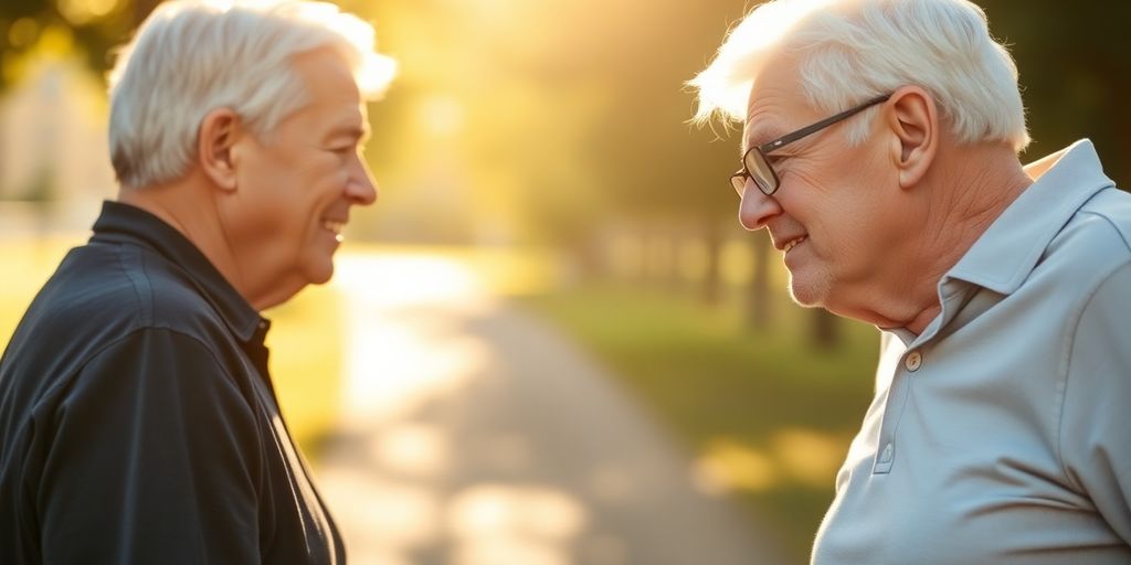 Senior couple walking hand-in-hand outdoors.
