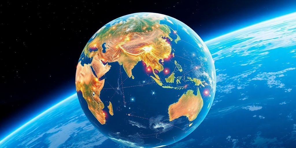 Satellite map data over green landscape.