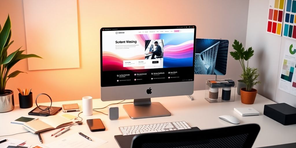 A workspace with a computer and design tools.