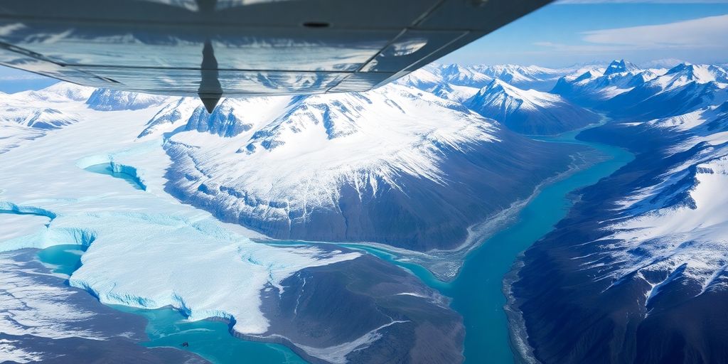 A small red plane flies over Alaskan glaciers and mountains.