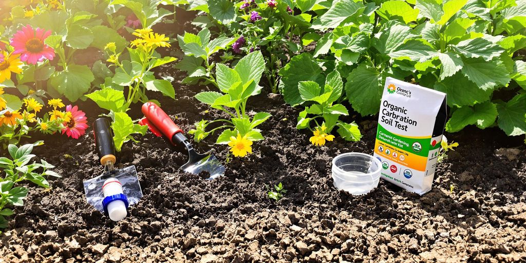 Healthy garden soil with green plants and gardening tools.