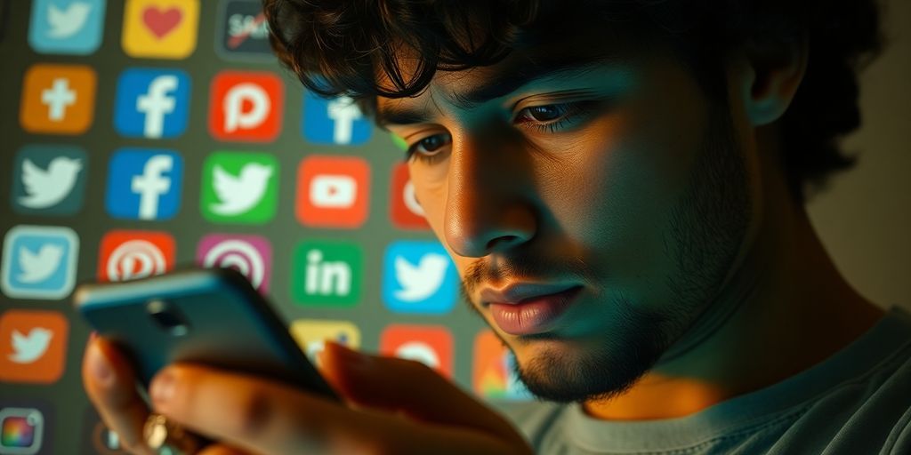 Pessoa usando smartphone com ícones de redes sociais ao fundo.