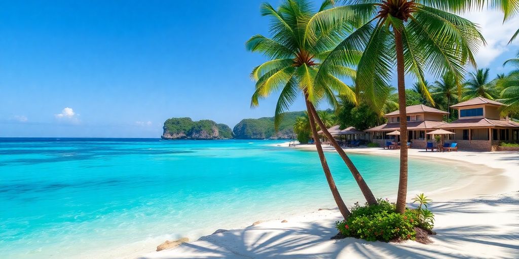 Beachfront villas and palm trees in Krabi, Thailand.