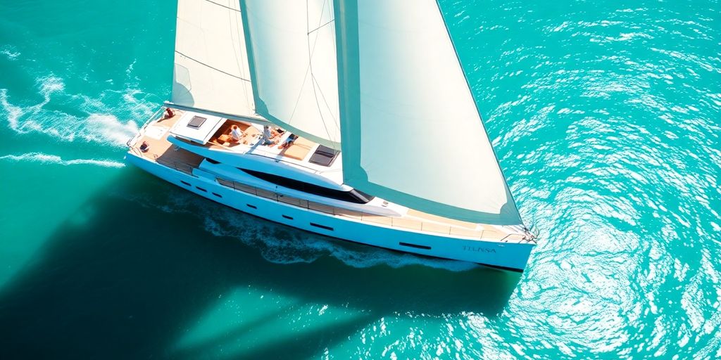 Affordable yacht sailing on clear blue water.