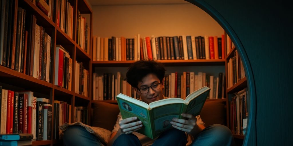 Person reading in a cozy nook with bookshelves.