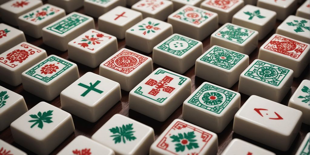 Close-up of Mahjong tiles with intricate designs.