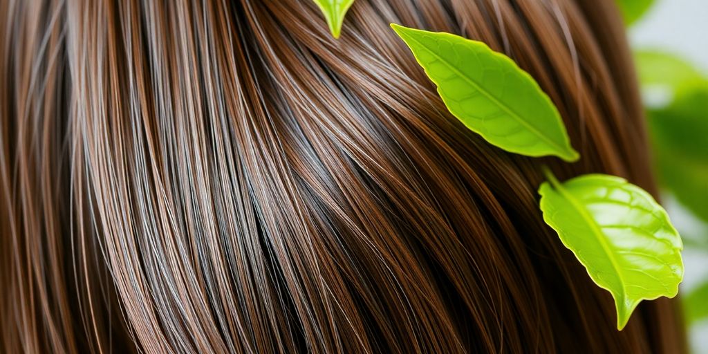 Cabelo saudável com folhas verdes ao fundo.