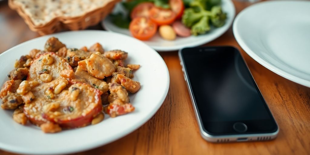 Smartphone beside a meal on a dining table.