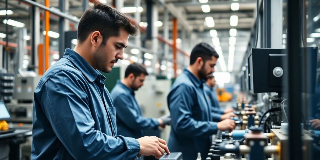 Werkvertrag-Fallbeispiel: Prozessoptimierung in der Produktion mit Akliman Moderne Produktionsumgebung mit Arbeitern bei der Fertigung.