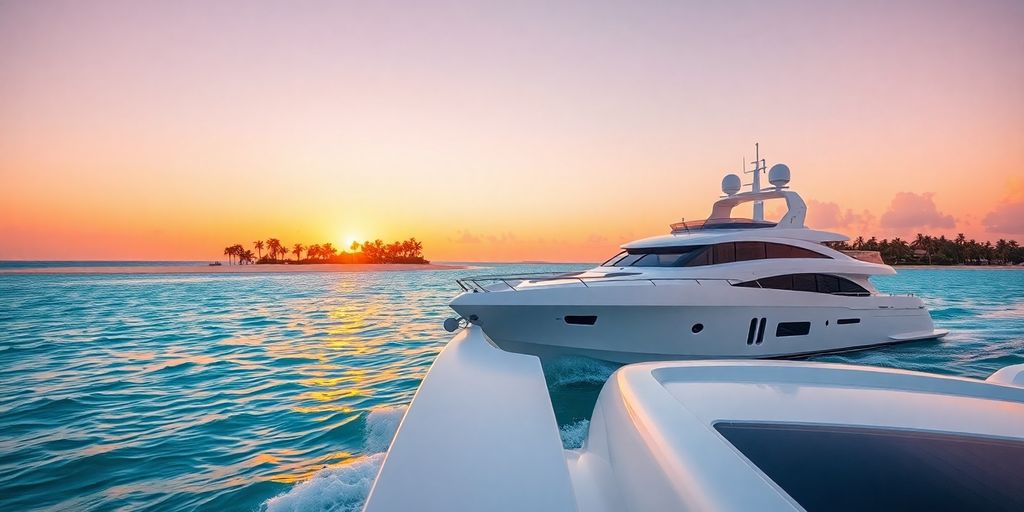 Luxury yacht sailing Caribbean waters at sunset.
