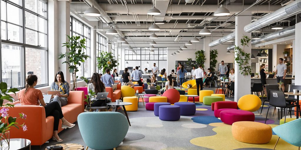 Diverse professionals collaborating in a modern coworking space.