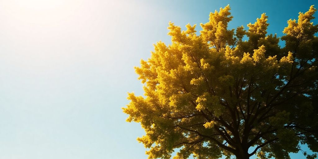Flourishing tree in golden sunlight, symbolizing abundance and prosperity.